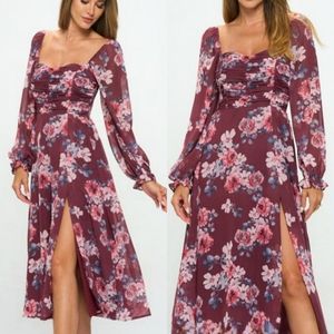 FLORAL CINCHED BUST LONG SLEEVE SLIT MIDI DRESS BURGUNDY